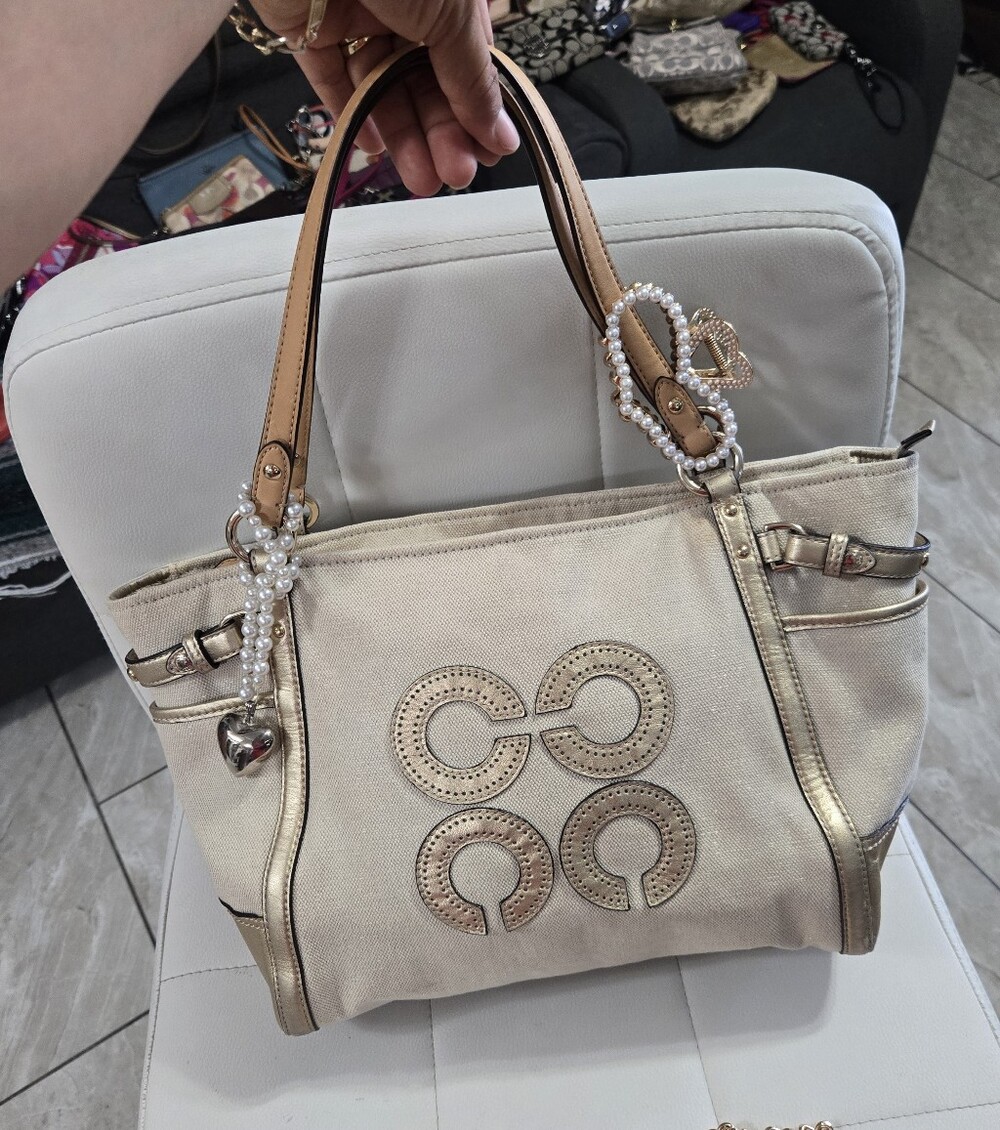 Coach Cream Canvas Tote with Tan Leather Handles and Gold Accents
